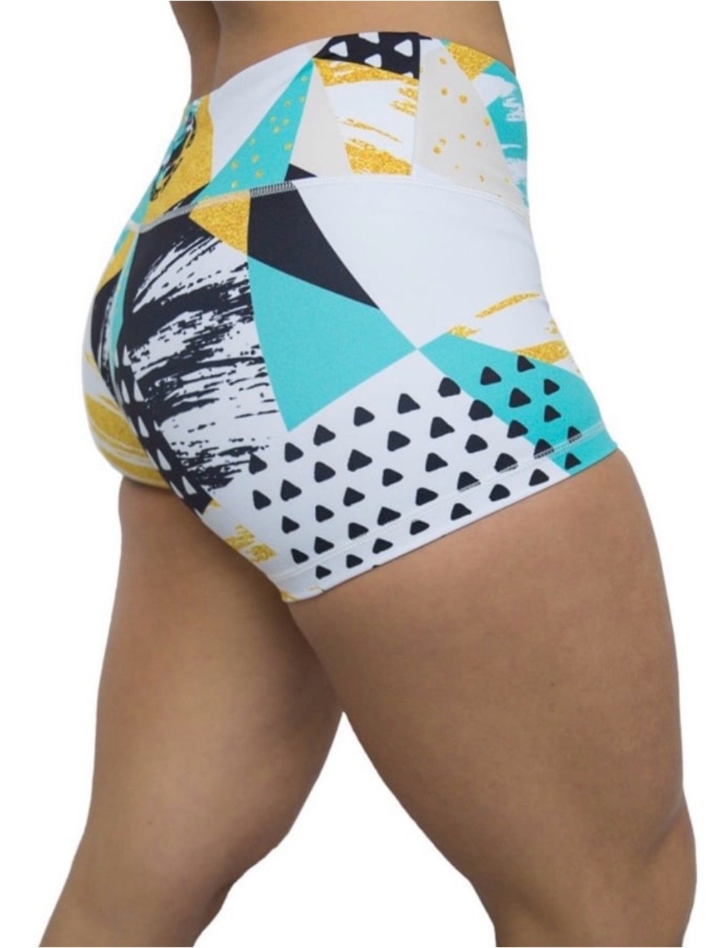 Feed Me Fight MeHigh-Waist Geometric Print Women’s Workout Shorts - White & Teal